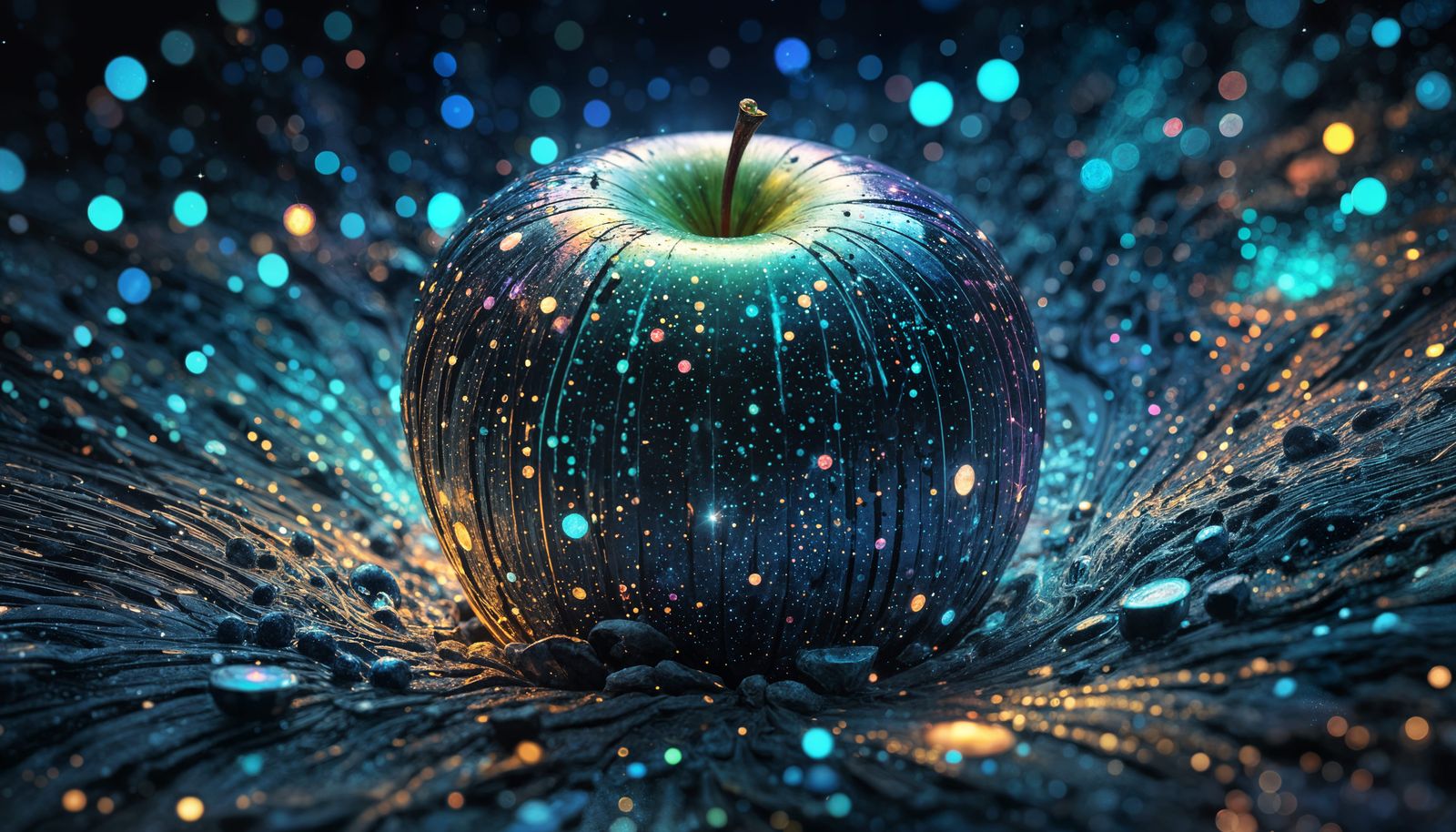 Cosmic Apple in Vibrant Holographic Style