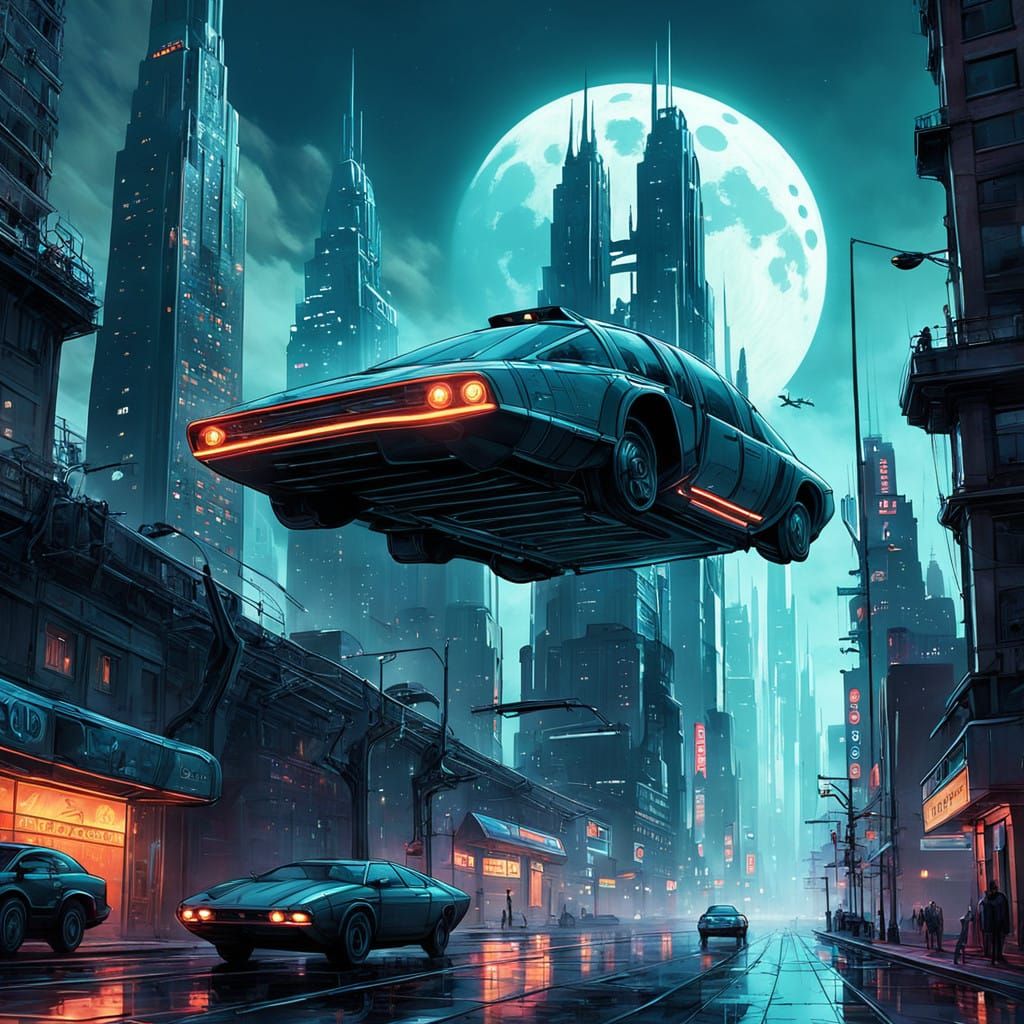 Dystopian futuristic, 2025 with neon lights decorated flying cars that are flying around in the air with ...  by @Sacha