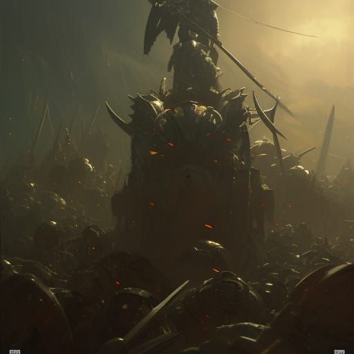 Knight sitting on a large pile of weapons and helmets and ar...