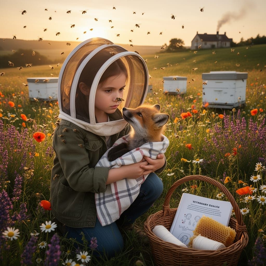 Child Tends Rescued Fox Amidst Peaceful Bee Swarm