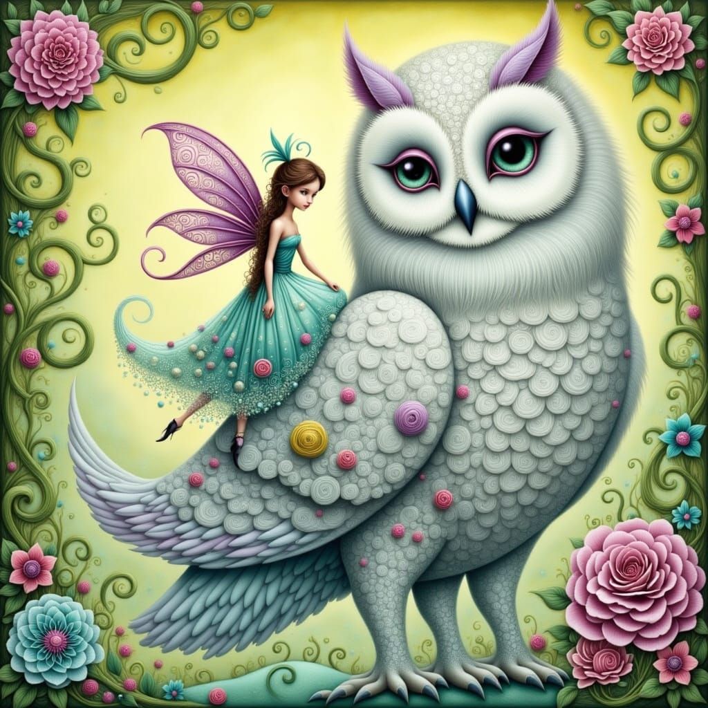 Ethereal Pixie on Majestic Snowy Owl in Whimsical Fantasy St...