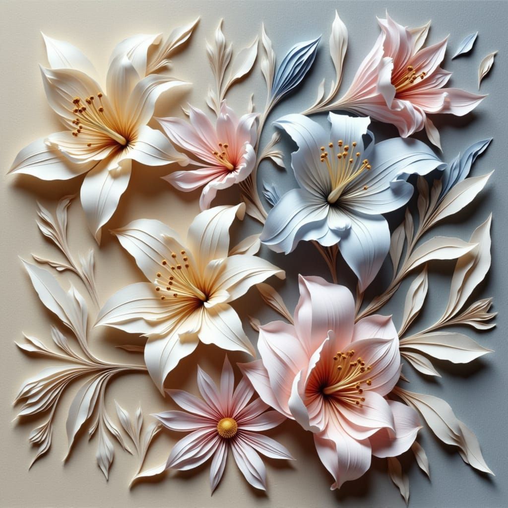 <lora:layers:1.0> A delicate, ethereal figure of a bouquet of lilies, composed of layers of peeling paper strips, with soft complementary tr...