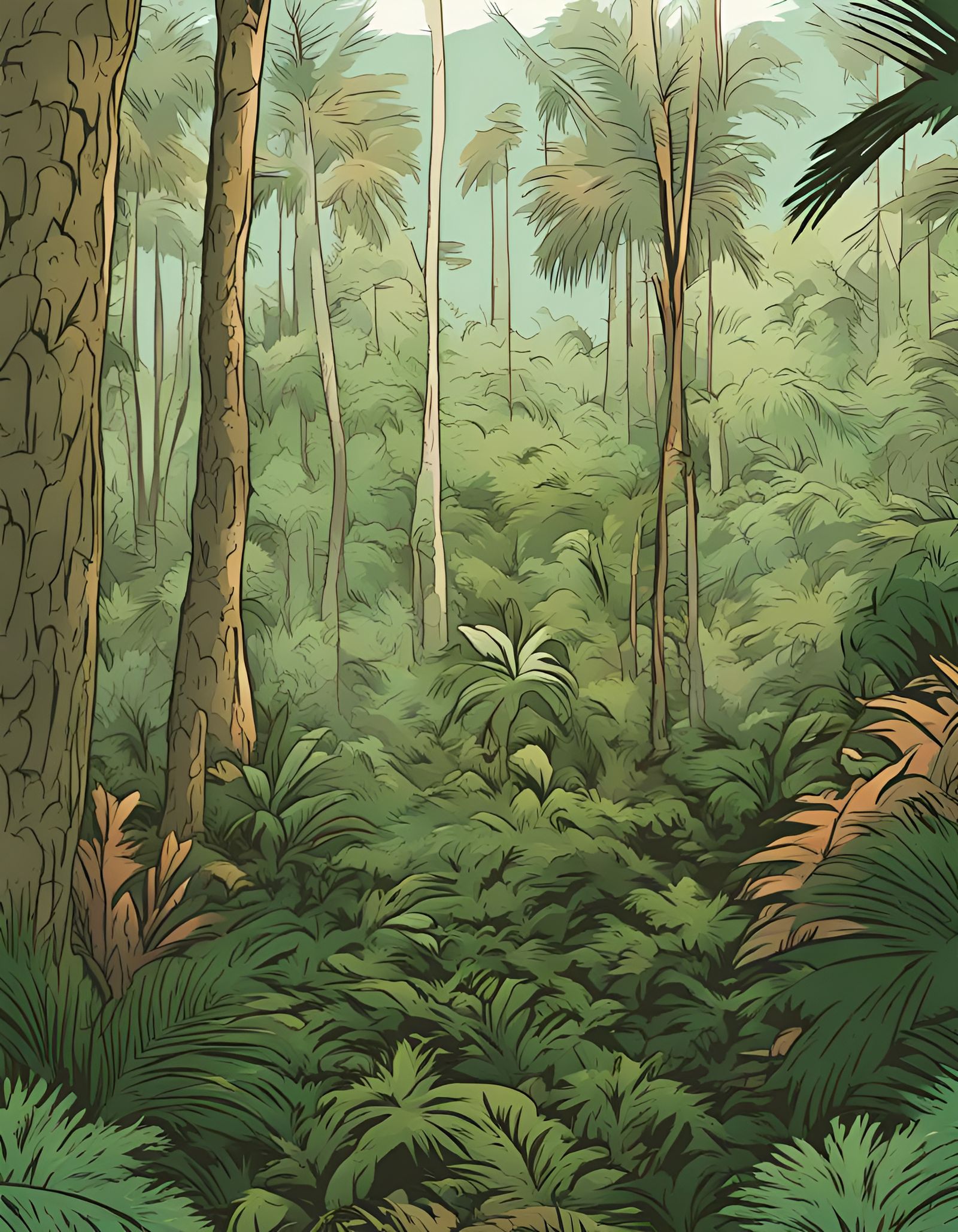 tropical forest (comic book effect, smooth line, soft colors...