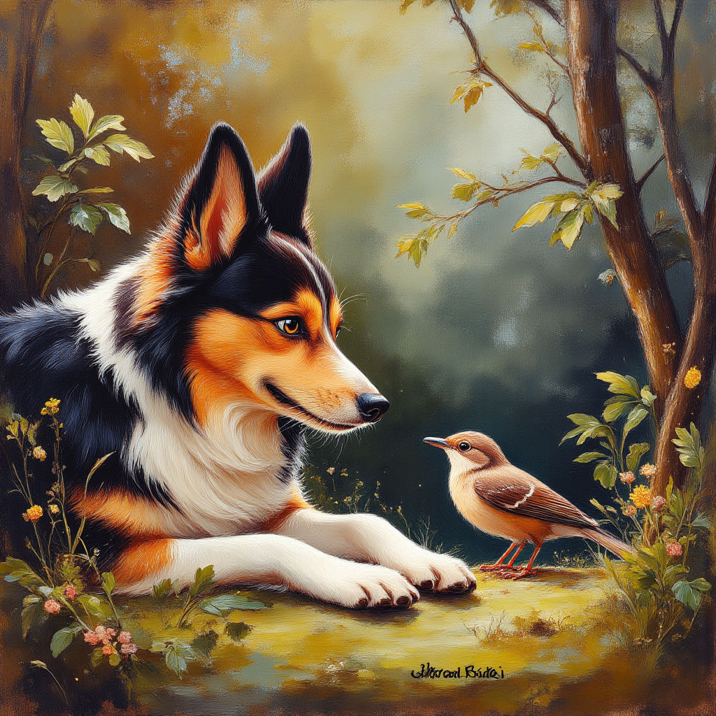 Sheltie looking at a bird