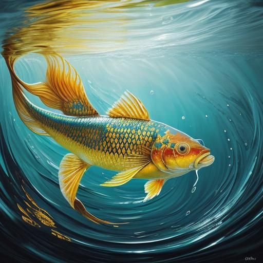 Golden Koi Fish Swimming in Surreal Dreamscape