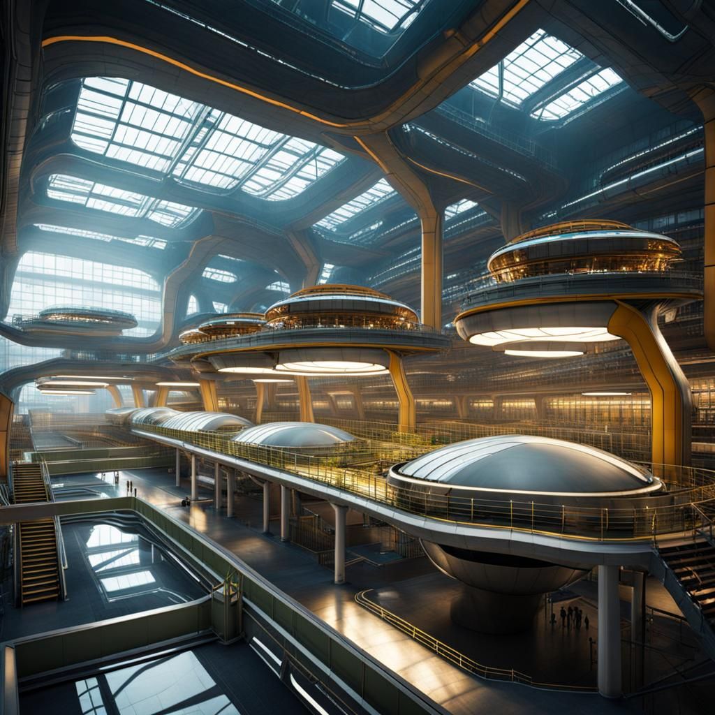 inside a Futuristic factory in a utopia setting