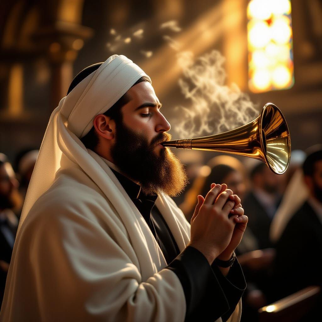 Haredi Man Blowing Shofar in Synagogue