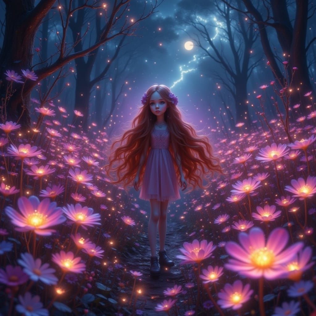 Ethereal Girl in Bioluminescent Field