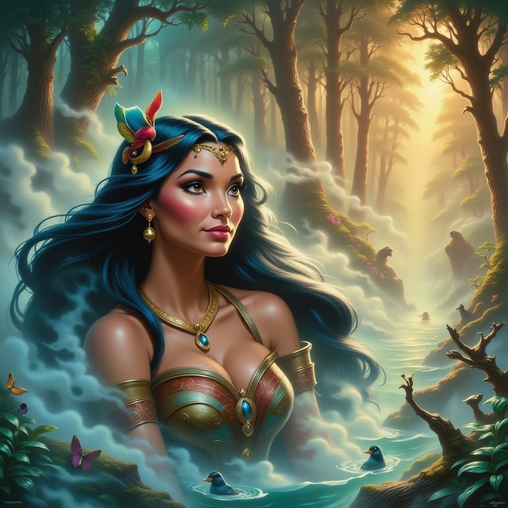 <lora:Disney Art Flux:1.0> pocahontas, Disney, ethereal fantasy hyperdetailed mist Thomas Kinkade