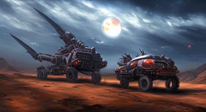 "Mechanized Nomads Escaping Spaceship in Post-apocalyptic De...