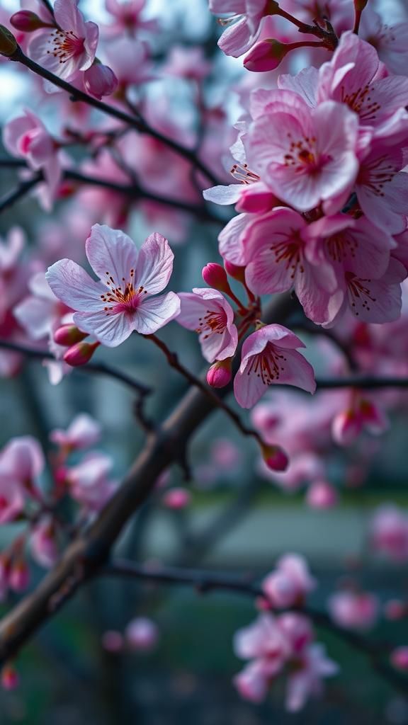 A closeup view of cherry blossoms with detailed petals and branches. A