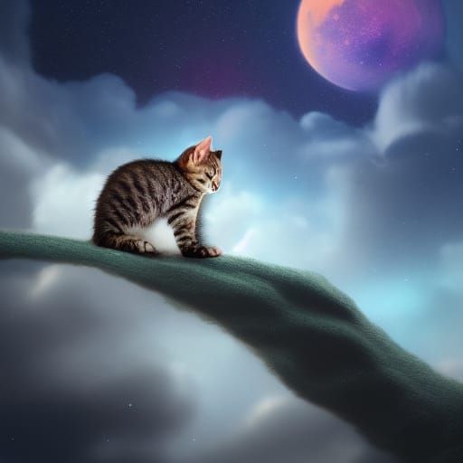 Kitten on a cloud at nighttime looking at stars