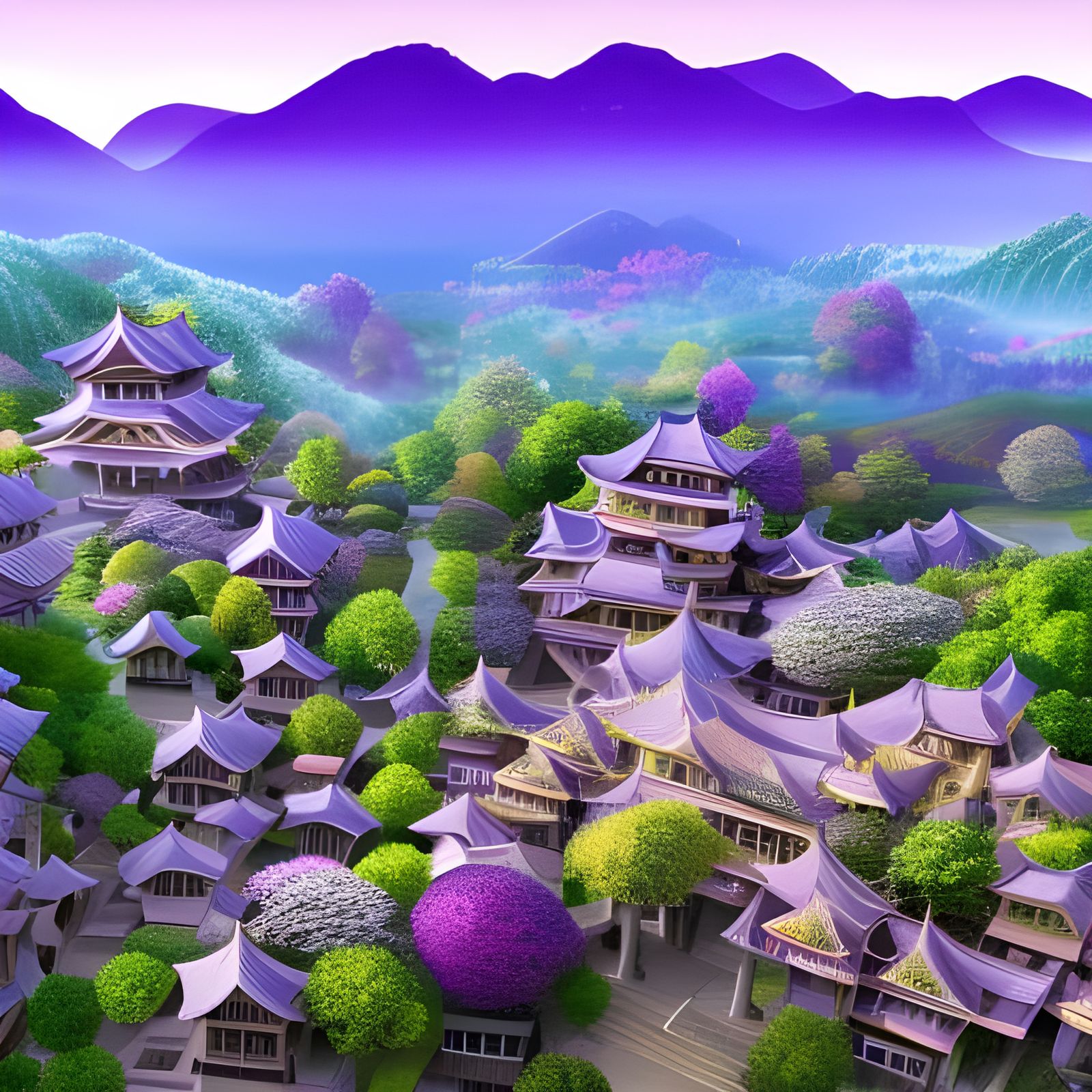 Ariel View of a grand Japanese Palace Village, beautiful pur...