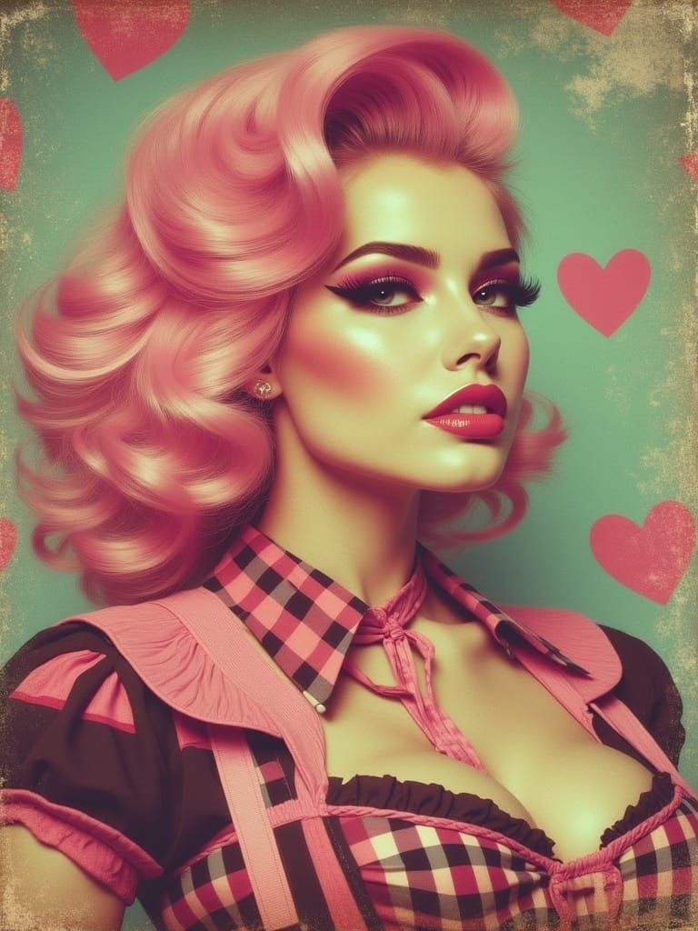 <lora:RetroPolaroid:1.0>  art nouveau, digital collage, grunge, gothic pale allure,  mesmerising 50s diner uniform, pink punk hair, textured