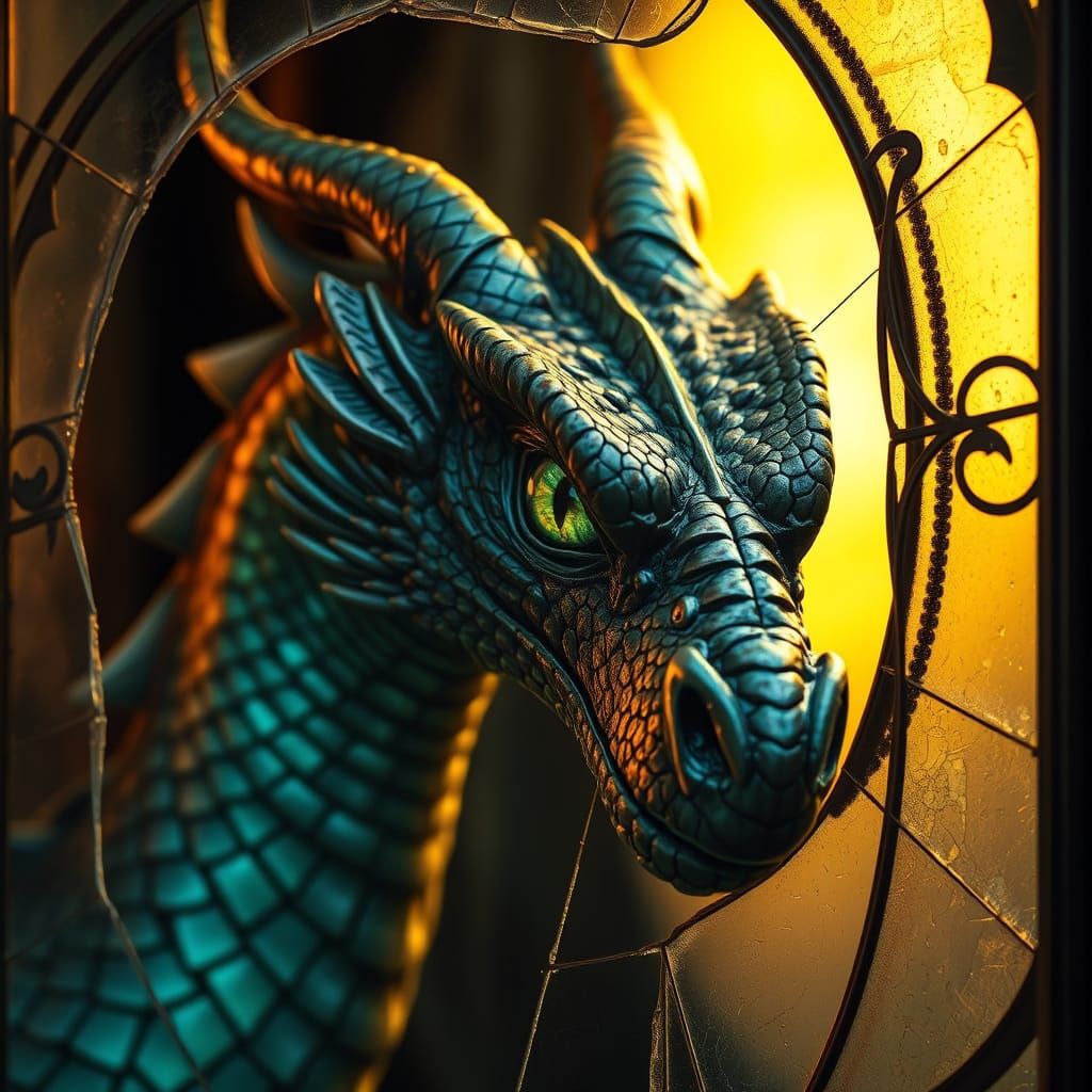 majestic dragon peering through the cracked glass