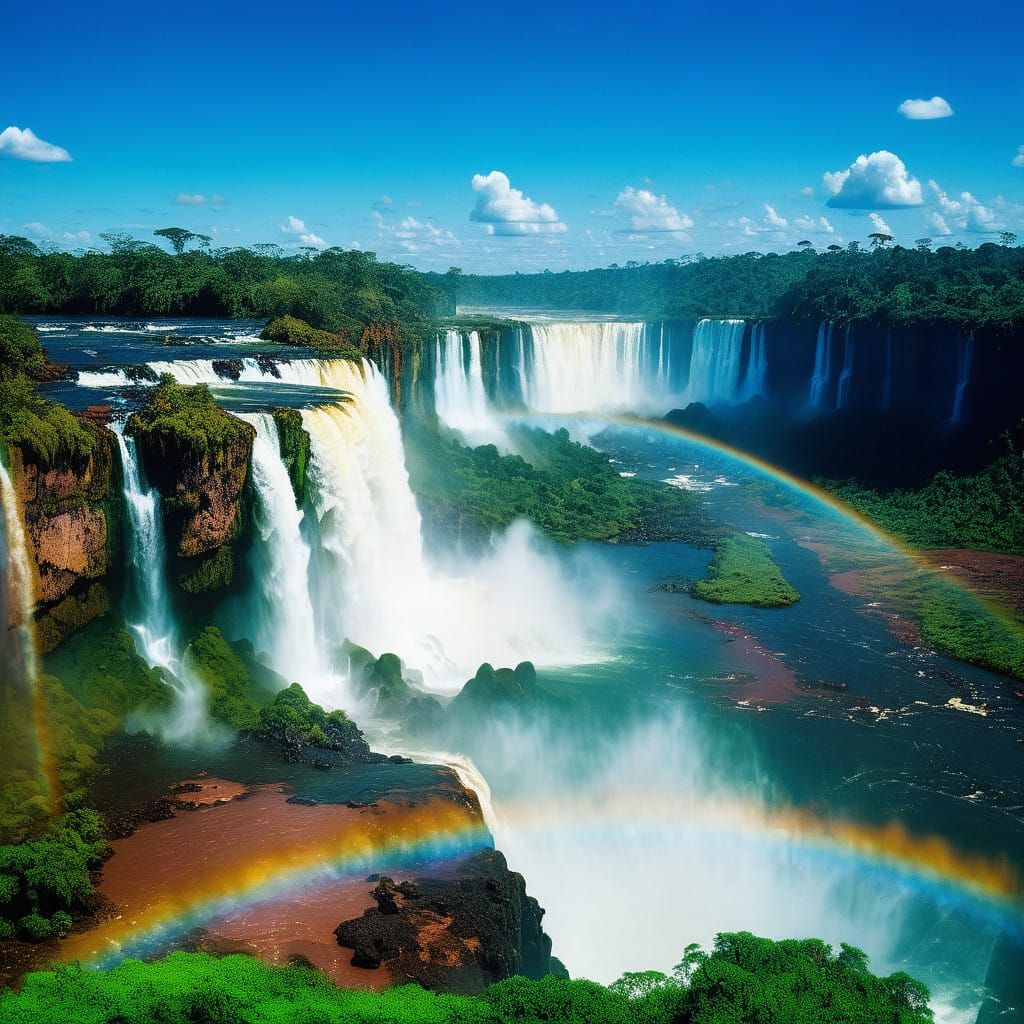 Iguazu Falls with a crystal clear rainbow on a blue skyed sunny day   by @HermionieSheHulkNinja