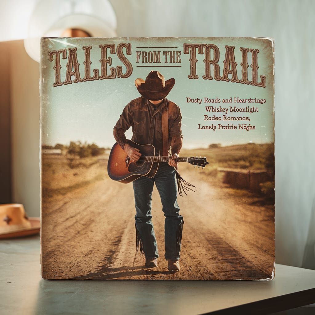 sitting on a table, The album sleeve for "Tales from the Trail" by the rustic band Rusty Spurs features ...  by @Pjrockey