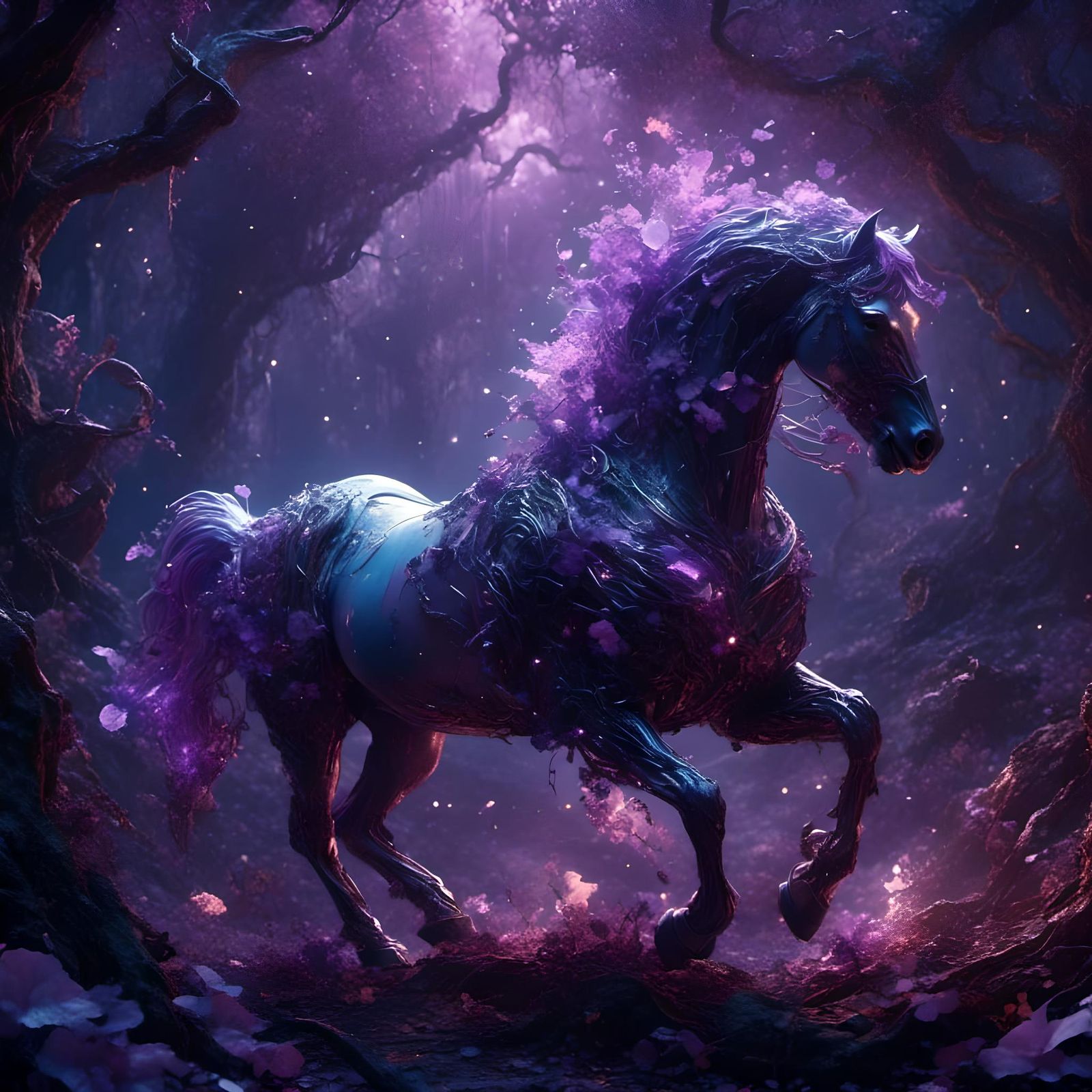 Bioluminescent Mythical Horse in Trash-Punk Safari