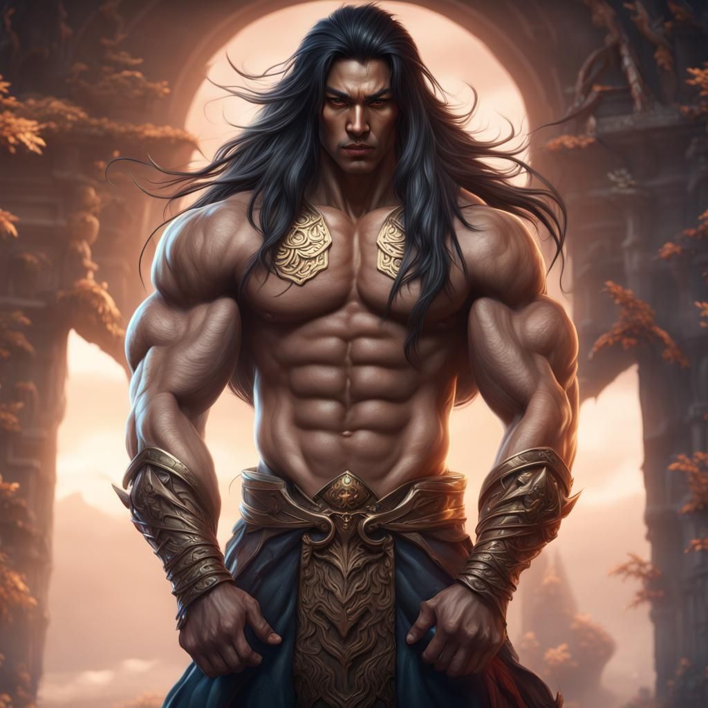 Handsome Asian male God muscles and Abs long hair - AI Generated ...