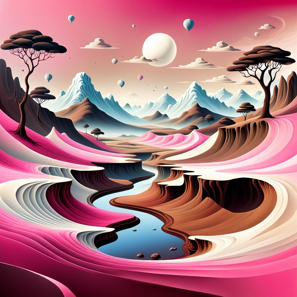 Awsome abstract landscape using colors pink, cream, white and brown, combined style of Magritte and Dalí. ...  by @Marv