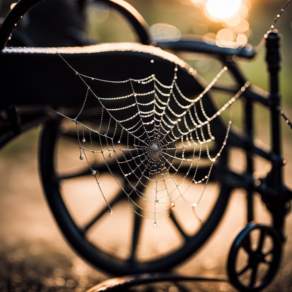 24 mm, f/1.8, spiderweb on antique tricycle , dew drops, clo...