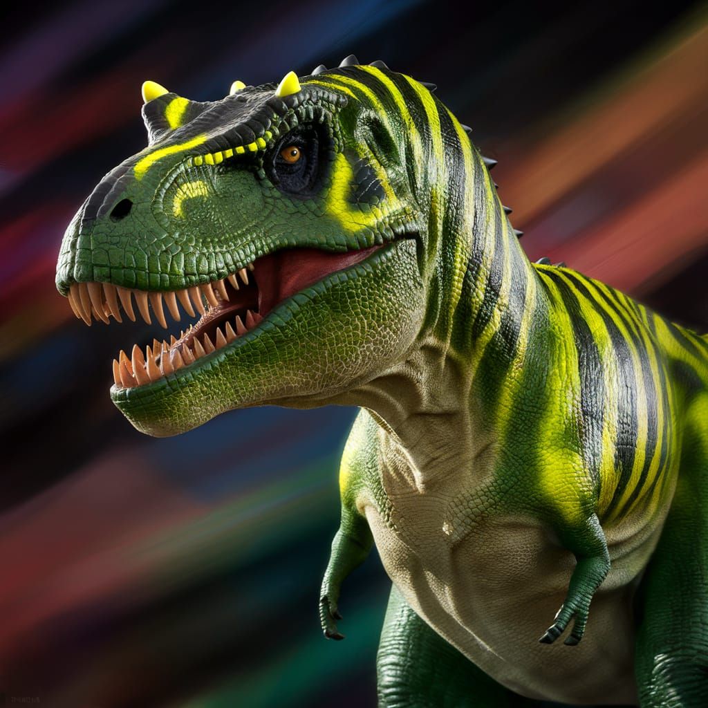 Tyrannosaurus rex with first green skin, Yello and black str...