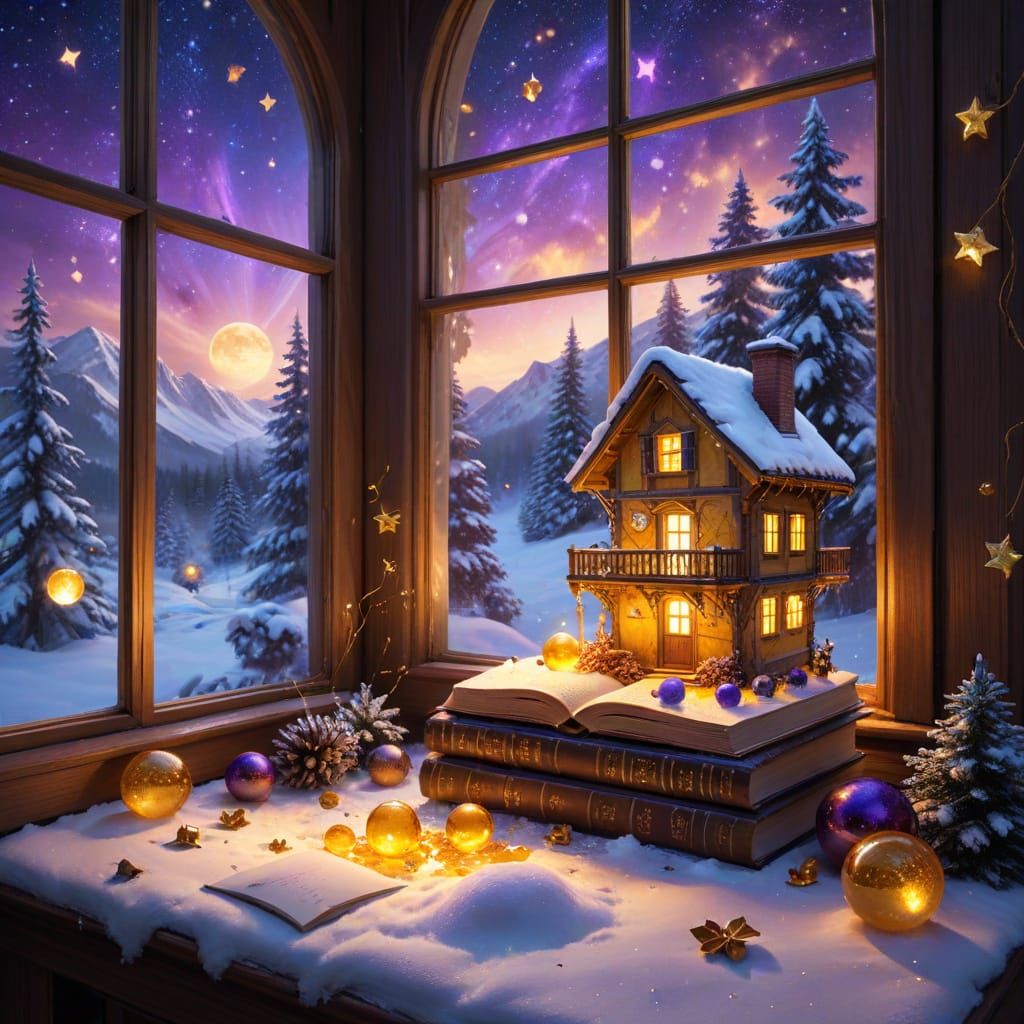 General description:
Creating a surreal image that combines elements of winter, books and magic
Main components:
1. The base - books:

A sta...