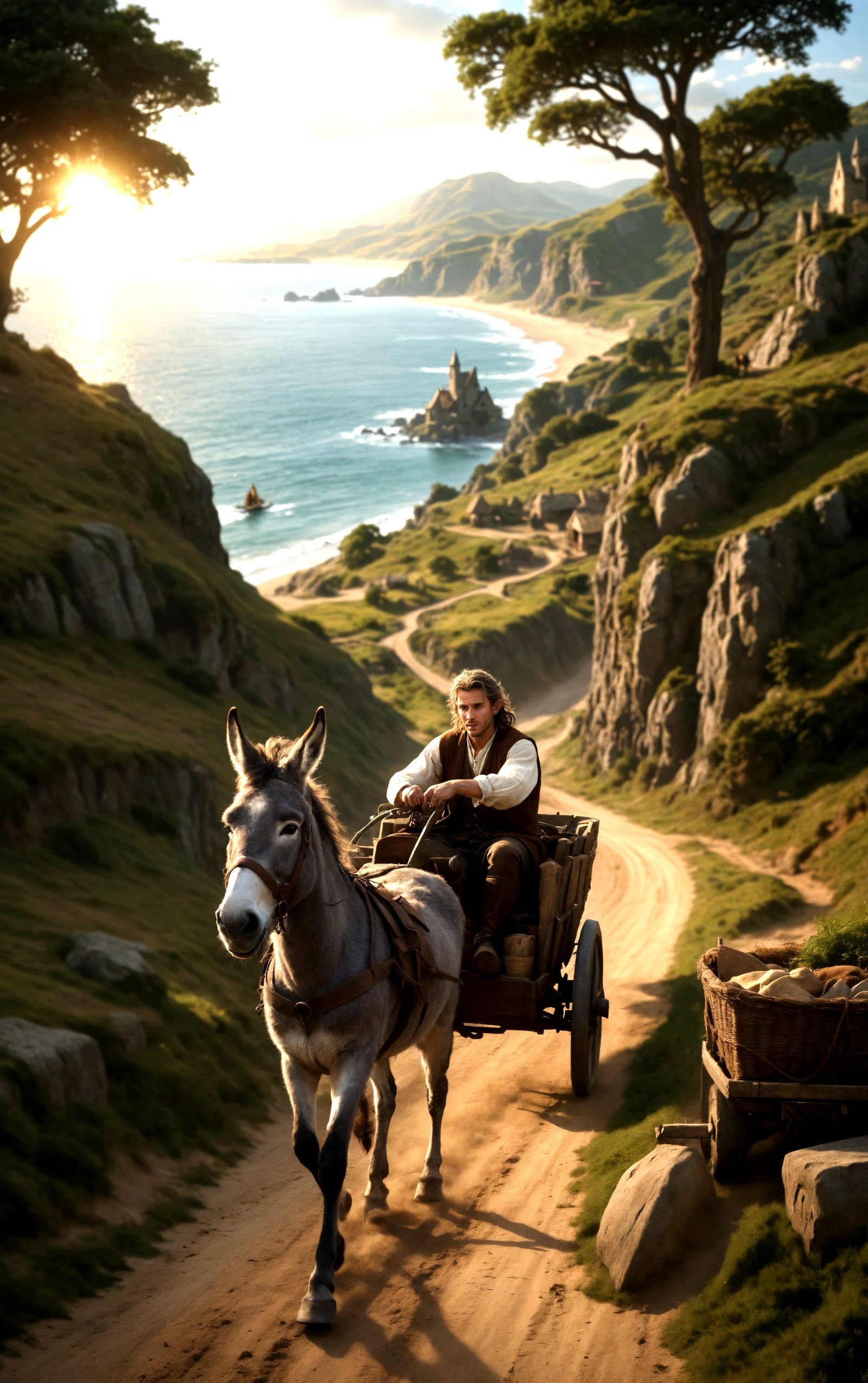 Beach in the distance, a two-wheeled gray donkey or cart is ...