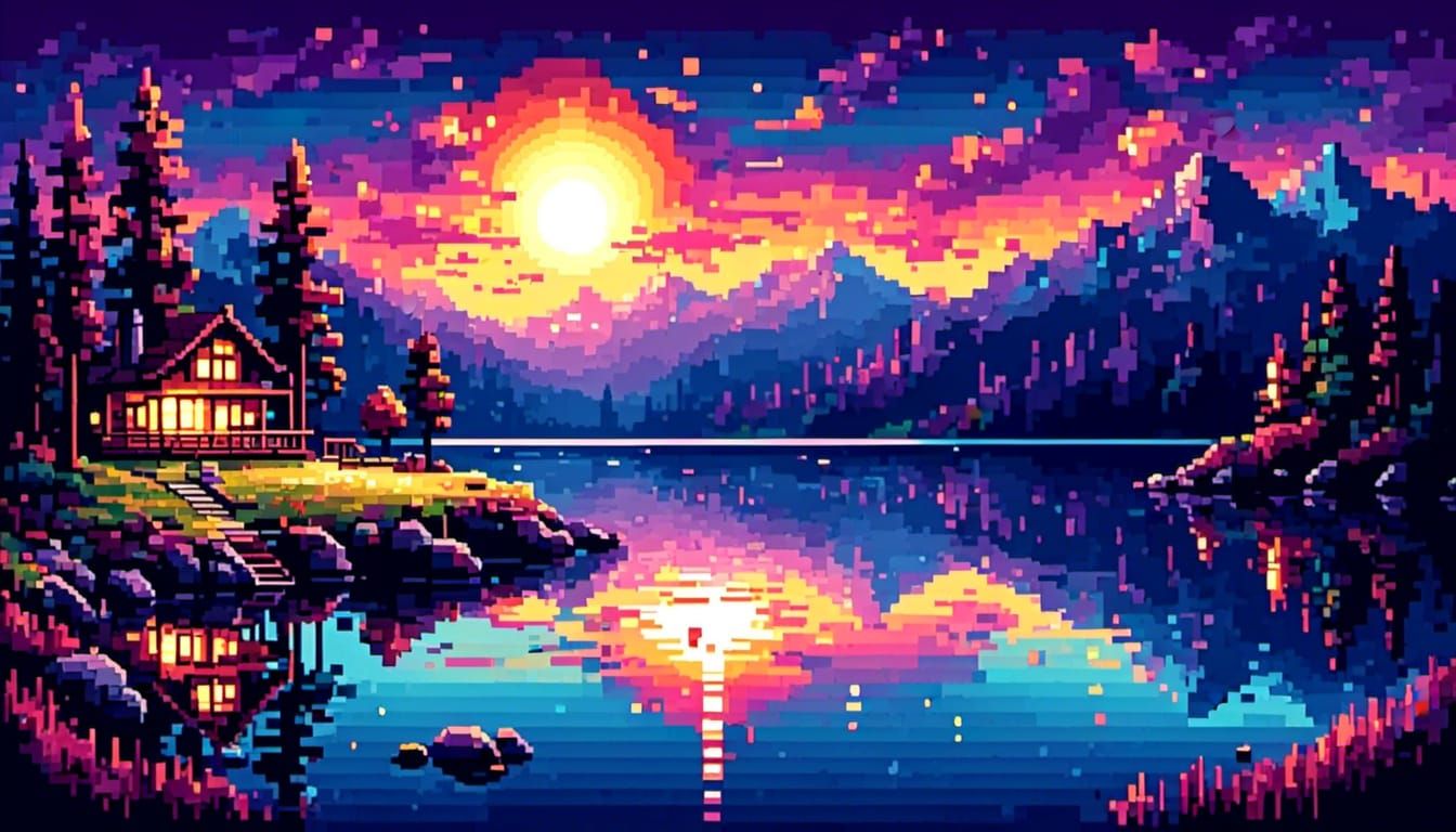 <lora:Marble Oil:1.0> <lora:Pixel style:1.0> A pixel style art of a night time lake view. 