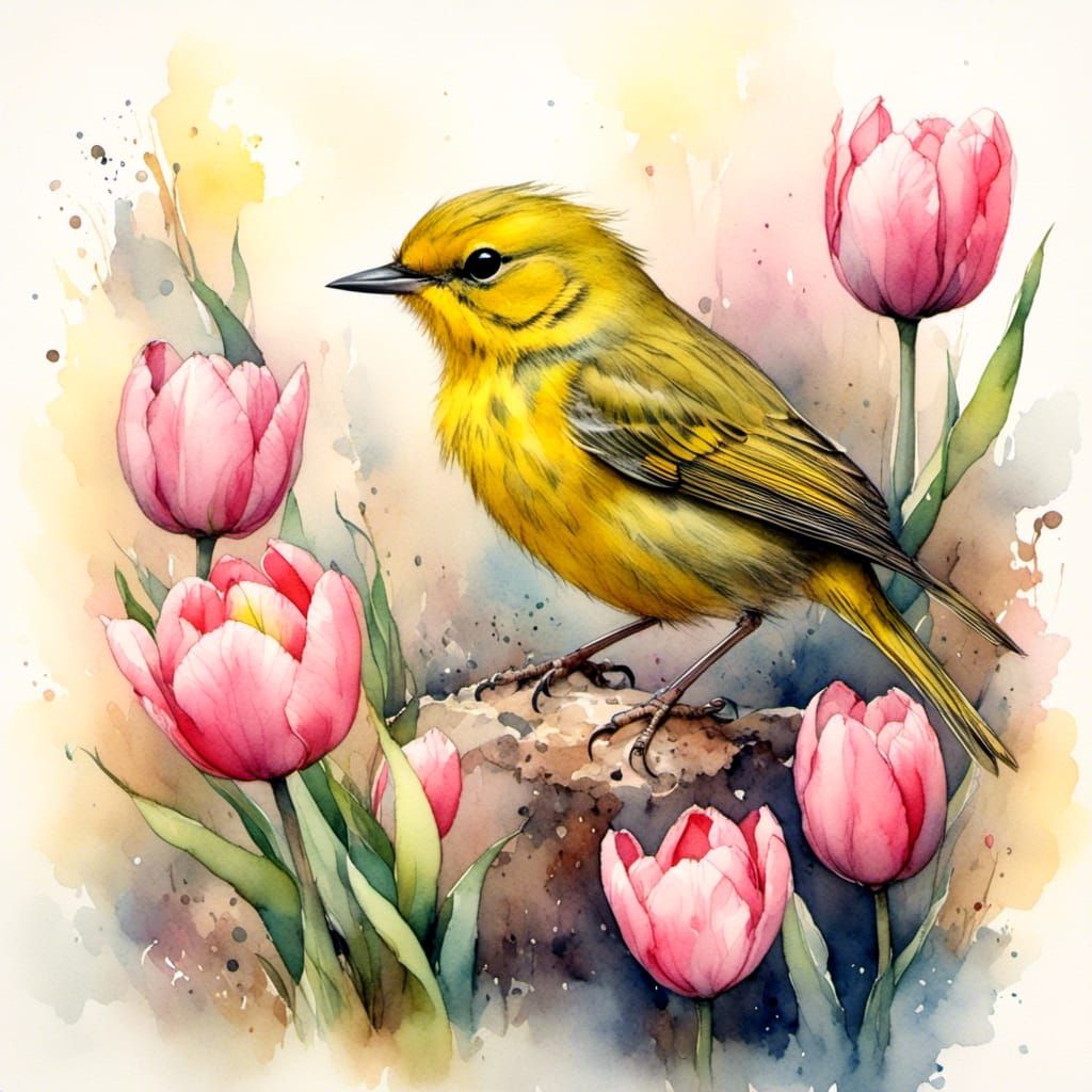 Yellow Warbler and Pink Tulips - AI Generated Artwork - NightCafe Creator