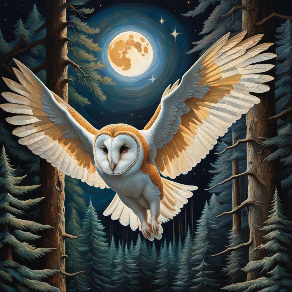 Barn owl under the full moon