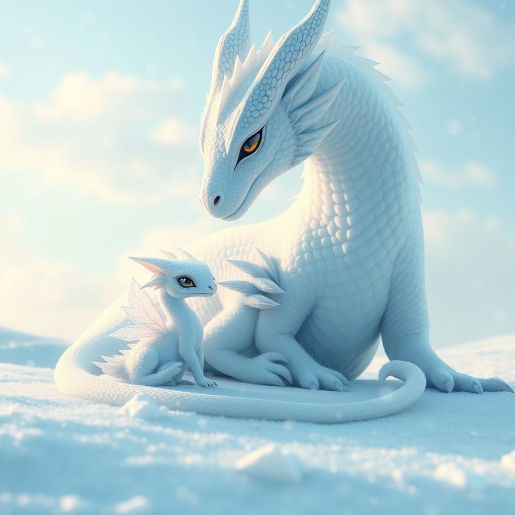 A surreal heartwarming scene featuring a white snow baby dragon curled up beside its majestic mother. ...  by @amrellin