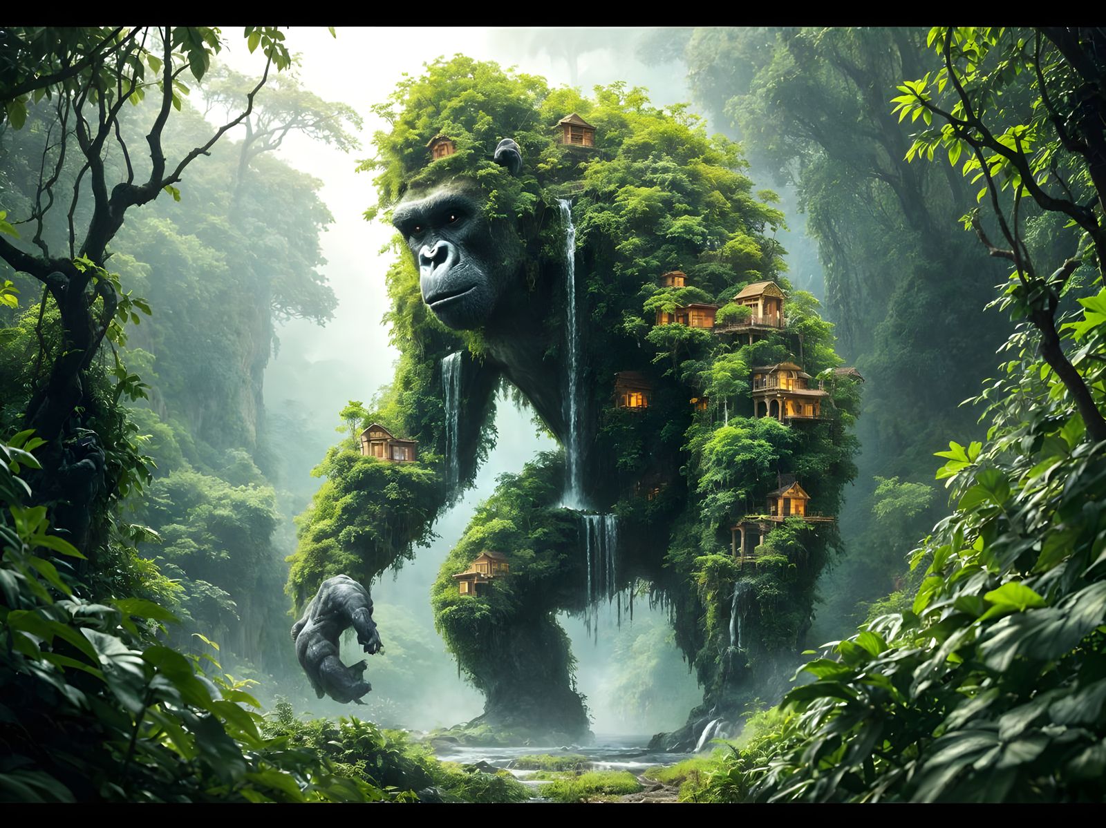 Monkey carrying a tropical village on his back.