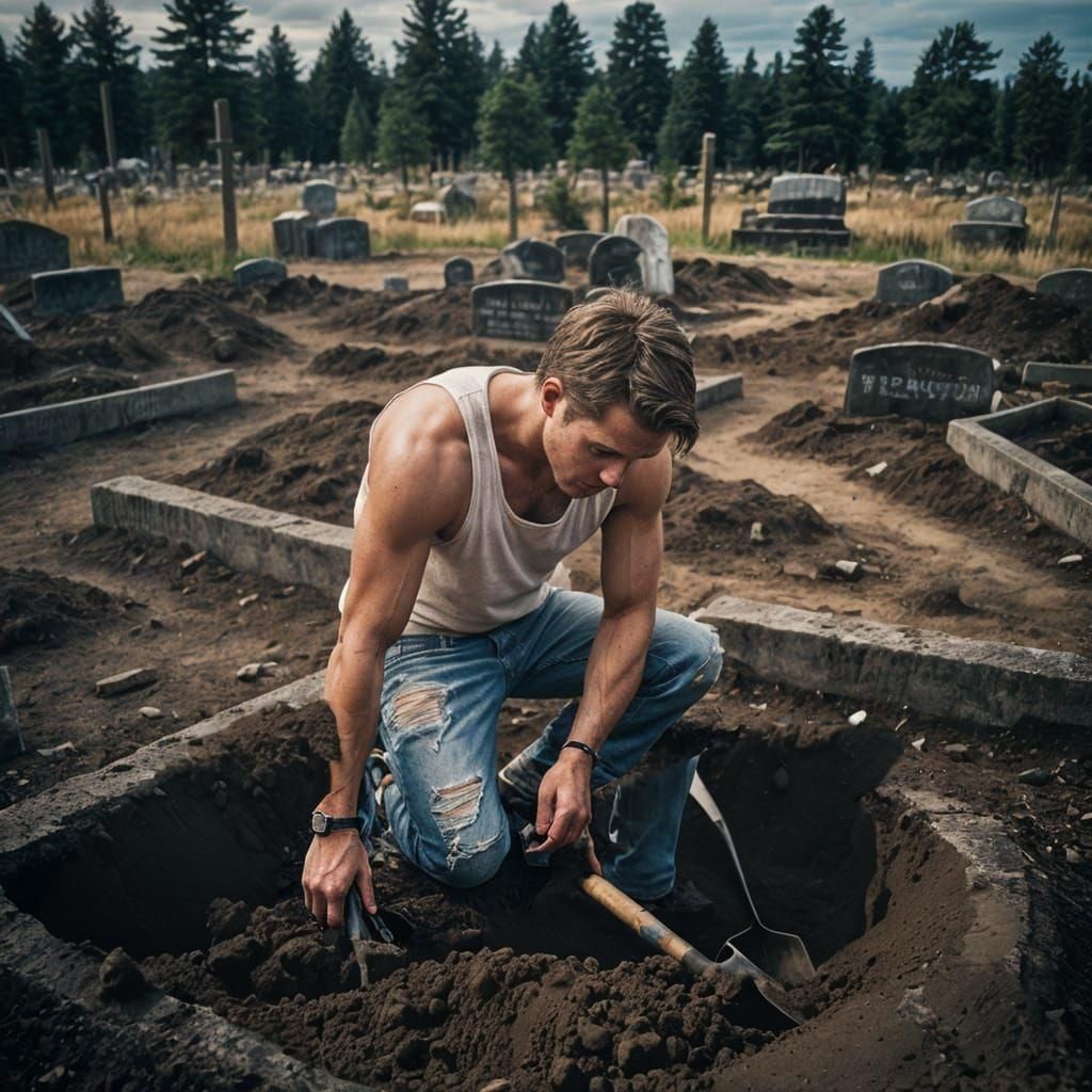 album cover of a white man in a tank top and jeans digging a grave 