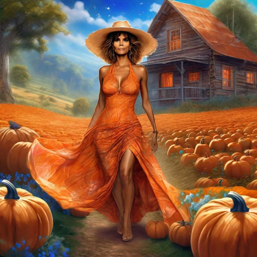 Halle Berry in a Orange printed sensual dress, Strawhat with flowers, Pumpkin field, Wooden Cabin, Sunny,Head and Should...