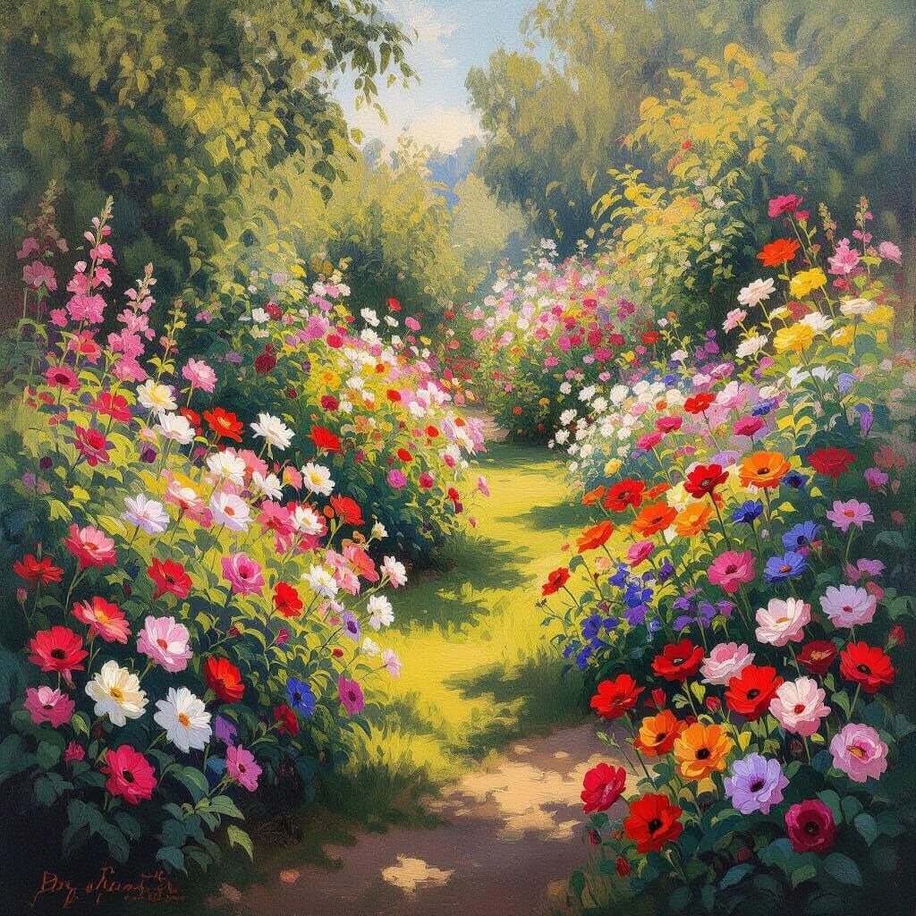 Impressionistic Garden in Full Bloom, Vibrant Flowers