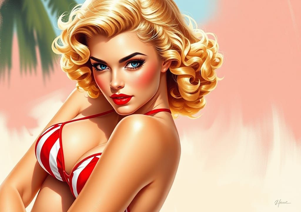 Vintage Pin-Up Model in 1950s Style Swimsuit