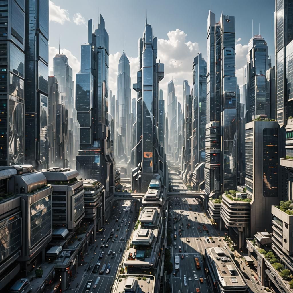 A futuristic cityscape, massive skyscrapers, clean, densely populated, street level
