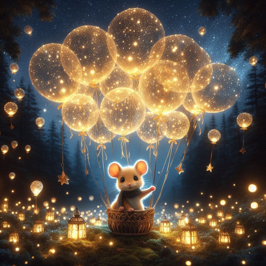 „Ein magischer Abend: Kleine Maus und funkelnde Ballons verzaubern den dunklen Wald“  by @bedisi yseven