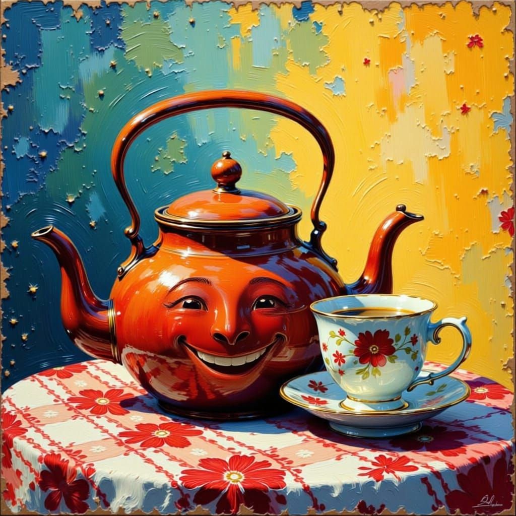 Smiling Teapot and Cup as Impasto Gouache Painting