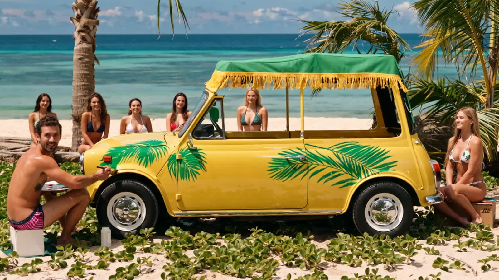 Create a Photorealistic rendering of a 1966 Austin Mini Moke, painted in Yellow, with a Tropical Green Top with yellow f...