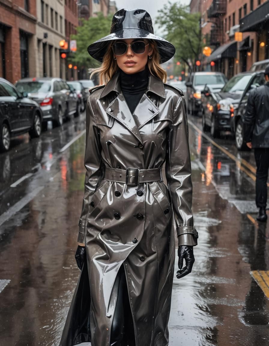 Hailey Bieber in shiny latex attire wear in the rain. 