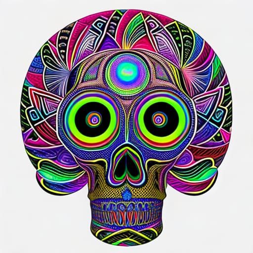 Skull with big spiral horn; rainbow zentangle styled; photor...