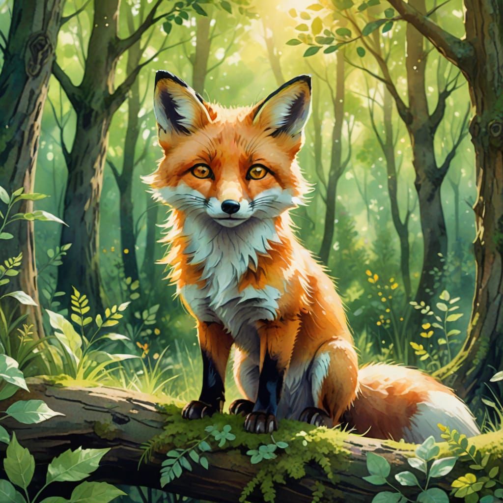 Small Fox in Forest: Dreamy Watercolor Fantasy Art
