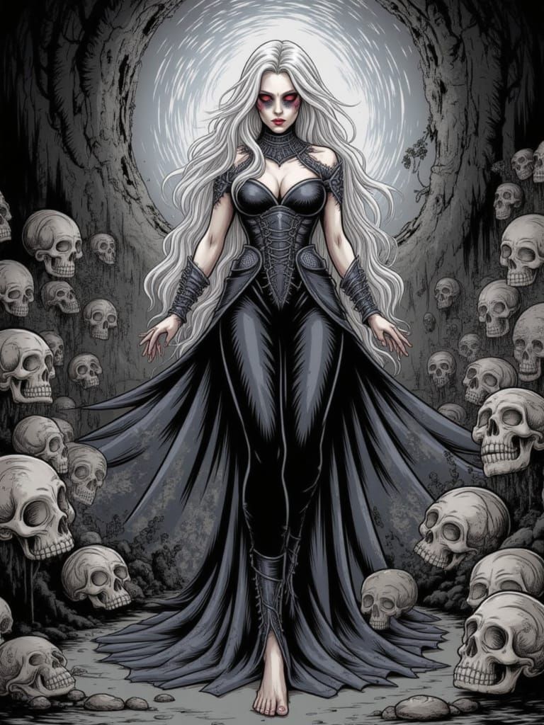 **Selithra, Goddess of Seduction and Death** - An enchanting figure of mesmerising beauty, with silver hair, flawless skin, and piercing eye...