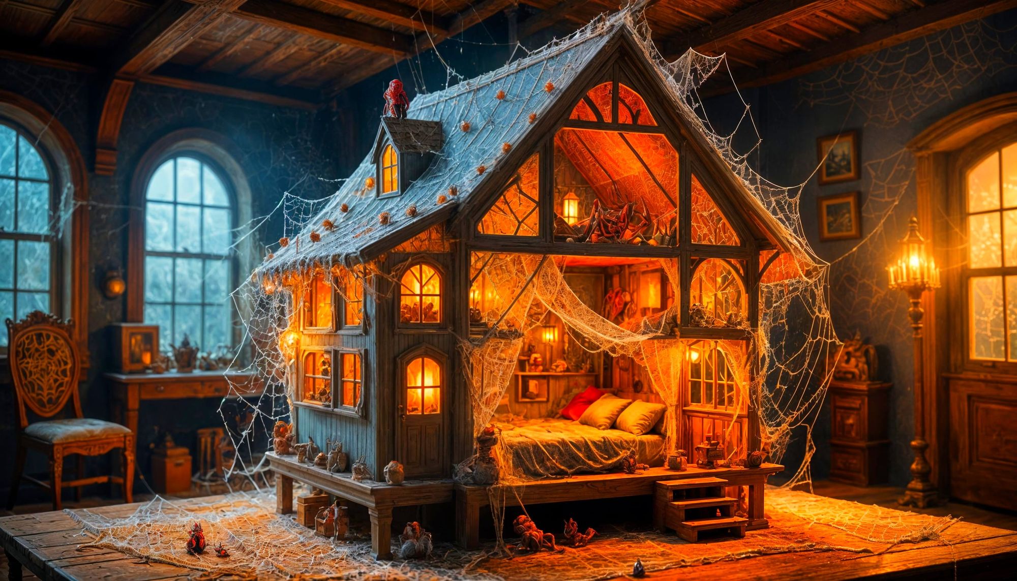  (Things Made of Spiderwebs:2.5)
A child's intricate dollhouse, meticulously crafted entirely from the finest, silken spiderwebs, sits aband...