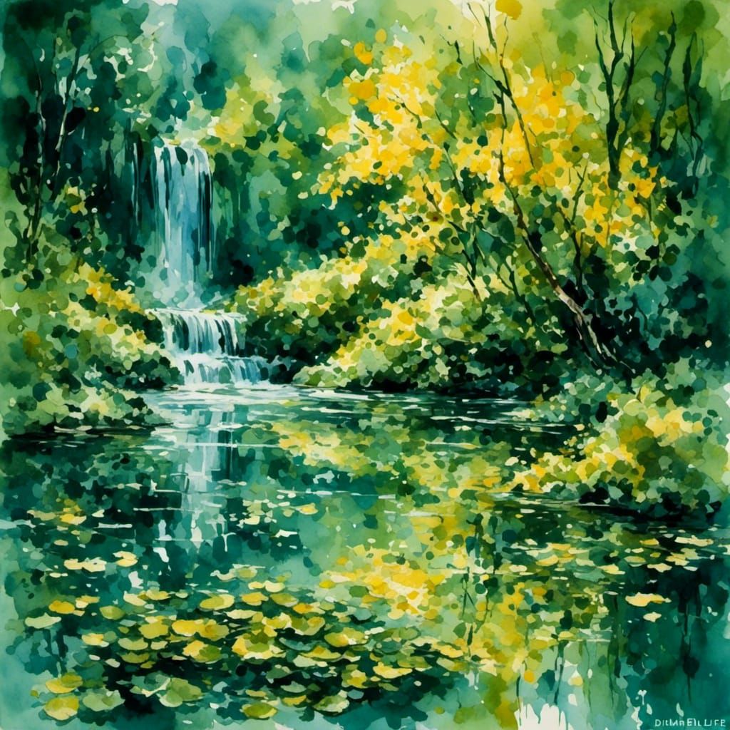 <lora:My Favourite Style:1.0>  Yellow-Green leaves on the water, waterfall, by Monet, highly detailed, deep contrast colour, futurism waterc...