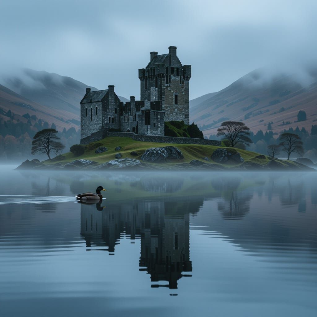 A solitary duck swims in a calm, misty loch reflecting the ethereal silhouette of a crumbling castle  by @Cooltastic Curry