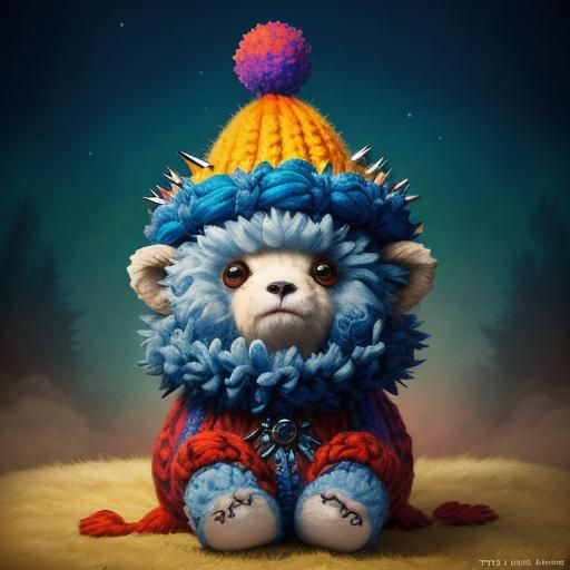 Cute, fluffy, cuddly, tiny baby teddy-bear wearing a colorfu...