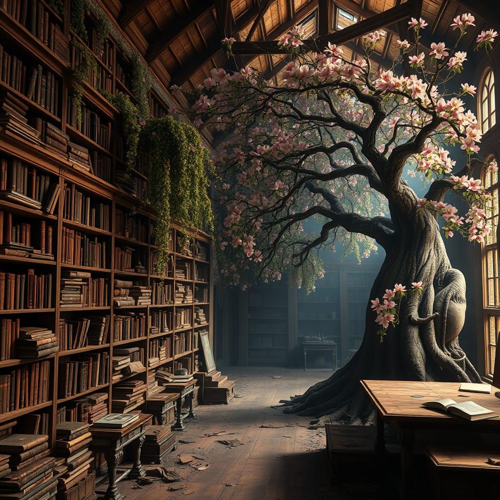 Une veille bibliothèque,  les livre sont vieux,  des étagères cassés, une vigne vierge passe dessus, ...  by @Jessy 44